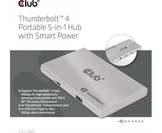 CLUB 3D Certified Thunderbolt™4 Portable 5-in-1 Hub with Smart Power