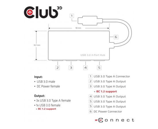 Club 3d CLUB3D USB 3.0 Hub 4-Port with Power Adapter