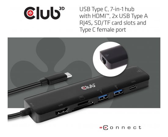 Club 3d CLUB3D USB Type C 3.2 Gen1 7in1 Hub HDMI 4K60Hz SD TF Card slot 2x USB Type A USB Type C PD RJ45