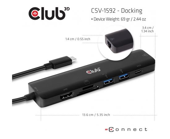Club 3d CLUB3D USB Type C 3.2 Gen1 7in1 Hub HDMI 4K60Hz SD TF Card slot 2x USB Type A USB Type C PD RJ45