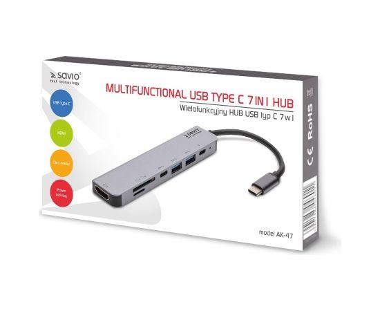 SAVIO AK-47 MULTIFUNCTIONAL USB Type C 7IN1 HUB HDMI, SD & TF CARD, USB 3.0, USB 3.0 Type C  Grey