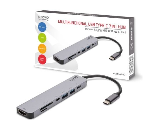 SAVIO AK-47 MULTIFUNCTIONAL USB Type C 7IN1 HUB HDMI, SD & TF CARD, USB 3.0, USB 3.0 Type C  Grey