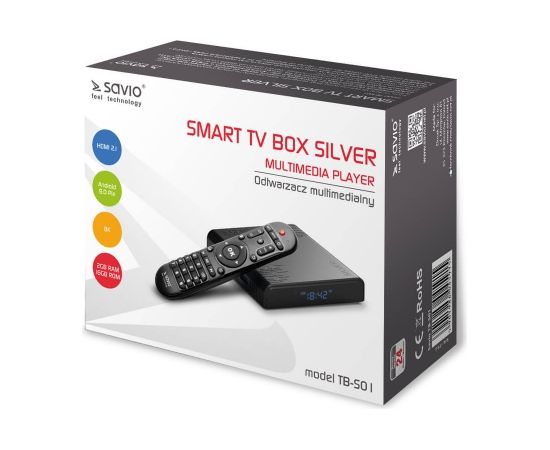 SAVIO Silver Smart TV Box TB-S01, 2/16 GB, G31™ MP2 - 8K Ultra HD, Android 9.0 Pie, HDMI v 2.1, WiFi, 100mbps,  USB 3.0 Multimēdiju atskaņotāji