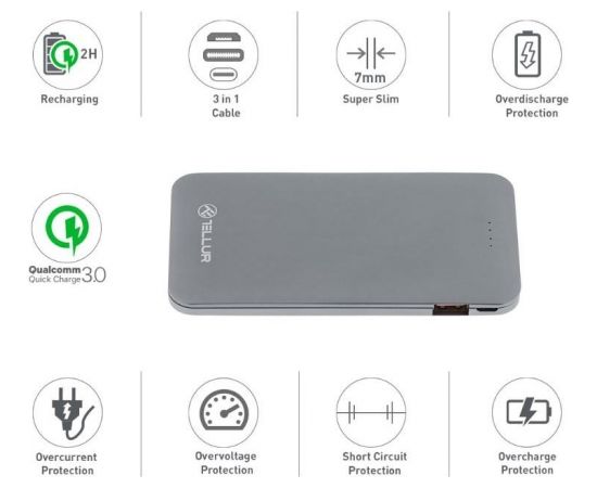 Tellur Power Bank QC 3.0 Fast Charge, 5000mAh, 3in1 gray