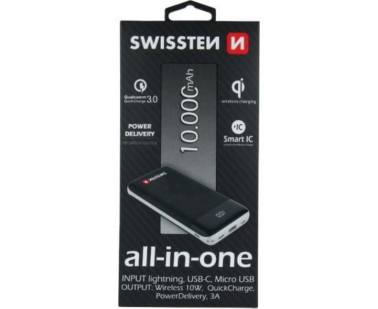 Swissten All In One Power Bank 3A / PD / QC 3.0 / Wireless 10W / USB / USB-C / 10000 mAh