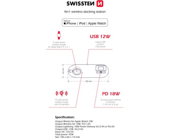 Swissten Swistten 4in1 MFI Wireless Docking Station 45 W / Беспроводная зарядная док-станция для Apple iPhone / Apple Watch / iPod