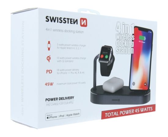 Swissten Swistten 4in1 MFI Wireless Docking Station 45 W / Беспроводная зарядная док-станция для Apple iPhone / Apple Watch / iPod