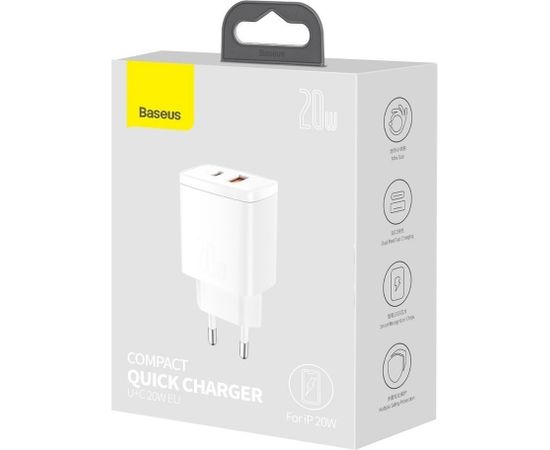 Baseus CCXJ B02 Compact Quick Charger USB, USB-C, 20W balts lādētājs