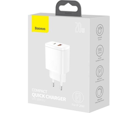 Baseus CCXJ B02 Compact Quick Charger USB, USB-C, 20W balts lādētājs