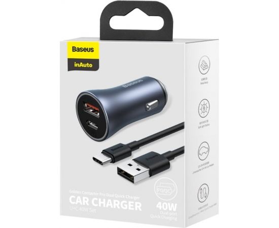 Baseus TZCCJD-0G Golden Contactor Car Charger Dual Quick Charger USB 40W Dark Grey