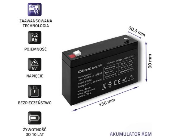 Qoltec 53072 AGM battery | 6V | 7.2 Ah