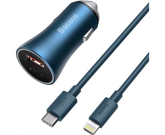 Baseus Golden Contactor Pro car charger, USB + USB-C, QC4.0+, PD, SCP, 40W (blue) + USB-C - Lightning cable 1m (blue)