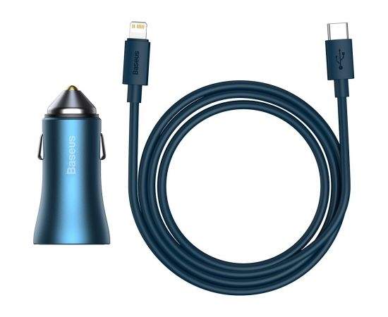 Baseus Golden Contactor Pro car charger, USB + USB-C, QC4.0+, PD, SCP, 40W (blue) + USB-C - Lightning cable 1m (blue)