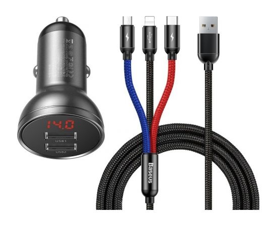 Baseus Digital Display Dual USB 4.8A Car Charger 24W with Three Primary Colors 3-in-1 Cable USB 1.2M Black Suit Grey