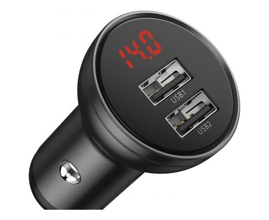 Baseus Digital Display Dual USB 4.8A Car Charger 24W with Three Primary Colors 3-in-1 Cable USB 1.2M Black Suit Grey