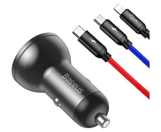 Baseus Digital Display Dual USB 4.8A Car Charger 24W with Three Primary Colors 3-in-1 Cable USB 1.2M Black Suit Grey