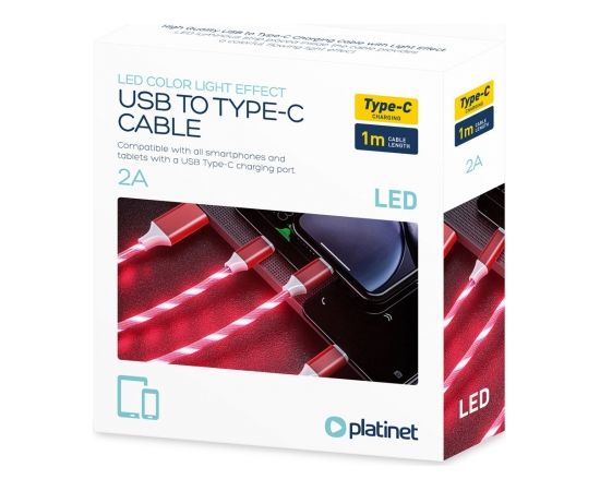 Platinet cable USB - USB-C LED 2A 1m, red (45741)