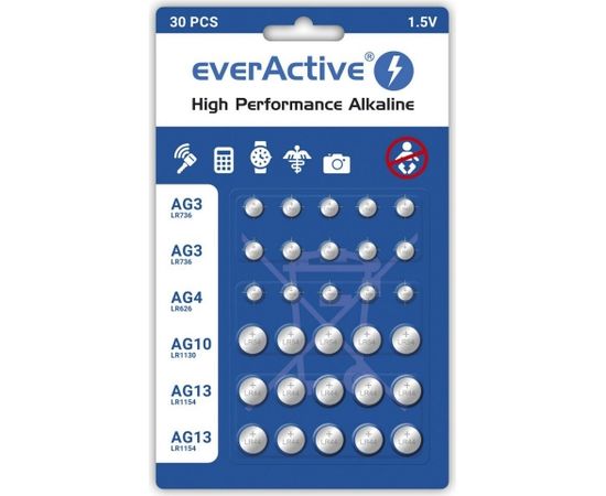 Mini alkaline battery Set everActive 10 x G3 / LR41, 5 x G4 / LR626, 5 x G10 / LR1130, 10 x G13 / LR1154