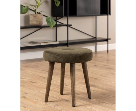 Stool FRISCO, D40xH43cm. Cover: Wind fabric olive green 180, legs: rubber wood smoke stained, lacquered