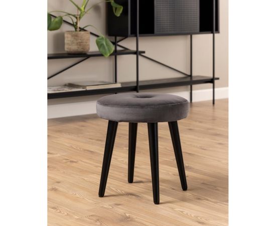 Stool FRISCO, D40xH43cm. Cover: VIC fabric dark grey 28, legs: rubber wood, black stained lacquered