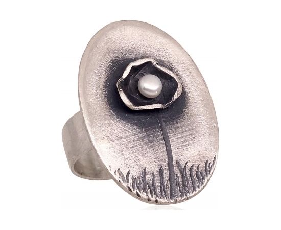 Серебряное кольцо #2101730(Matt+POx-MattBk)_PE, Серебро	925°, оксид (покрытие), Жемчуг , Размер: 19, 8 гр.