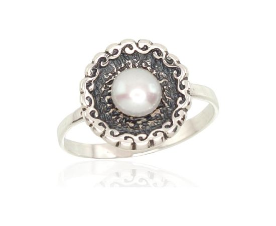 Серебряное кольцо #2101204(POx-Bk)_PE, Серебро	925°, оксид (покрытие), Жемчуг , Размер: 19, 2.7 гр.