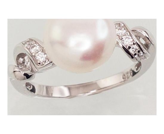 Серебряное кольцо #2101467(PRH-GR)_CZ+PE, Серебро	925°, родий (покрытие), Цирконы , Жемчуг , Размер: 16, 3.2 гр.