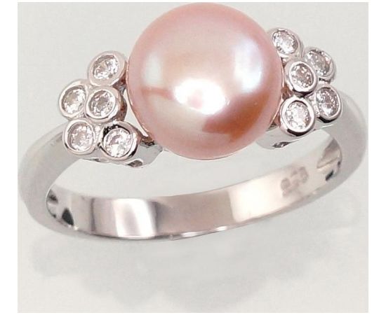 Серебряное кольцо #2101464(PRH-GR)_CZ+PE-PI, Серебро	925°, родий (покрытие), Цирконы , Жемчуг , Размер: 16, 2.9 гр.