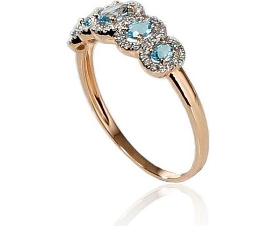 Золотое кольцо #1100203(AU-R+PRH-W)_DI+TZLB, Красное золото	585°, родий (покрытие) , Бриллианты (0,123Ct), Небесно-голубой топаз (0,592Ct), Размер: 18, 1.9 гр.