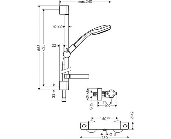 Hansgrohe Ecostat 1001 SL+ Croma 100 Multi/Unica'C 0.65m dušas termostata komplekts, hroms  Смесители для душа / Душевые системы