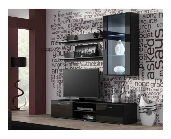Cama Meble SOHO 5 set (RTV180 cabinet + Wall unit + shelves) Black/Black gloss