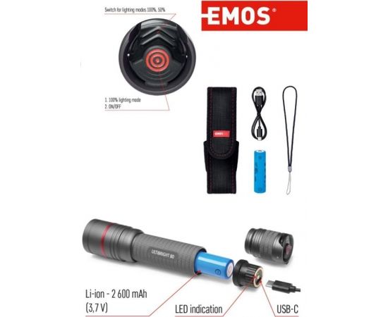 Фонарик, влагостойкий IP65, ULTIBRIGHT 80, CREE LED, 600 лм, перезаряжаемый, 2600 мА, EMOS