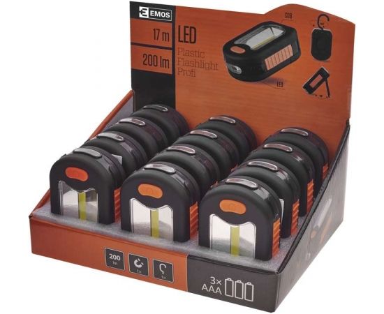 Emos Lukturītis LED, COB, ar magnētu un āķi, 200lm, 3xAAA