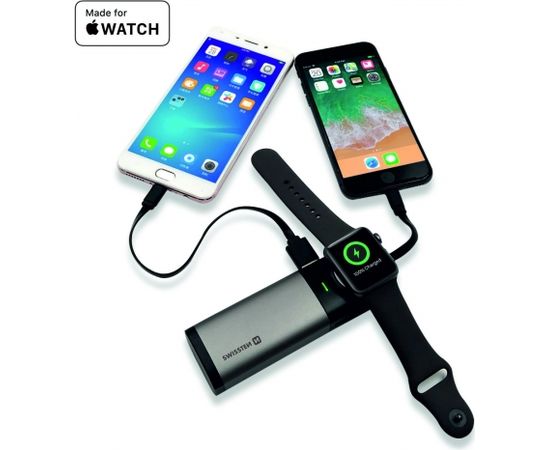 Swissten 2in1 6700 mAh Power Bank / MFi Lightning kabelis / Apple Watch bezvadu lādētājs / Sudrabs