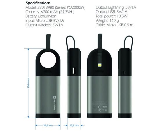 Swissten 2in1 6700 mAh Power Bank / Lightning-кабель MFi / Беспроводное зарядное устройство для Apple Watch / Серебристый
