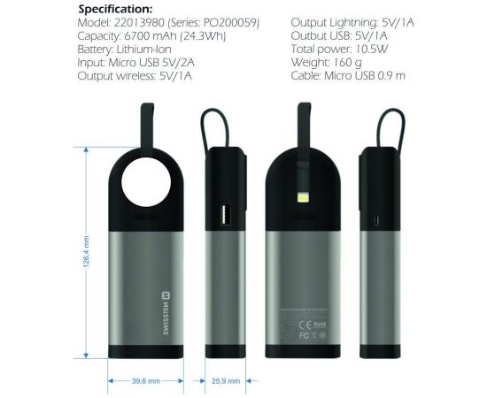 Swissten 2in1 6700 mAh Power Bank / MFi Lightning kabelis / Apple Watch bezvadu lādētājs / Sudrabs