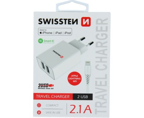Swissten Smart IC Tīkla Lādētājs 2x USB 2.1A Ar Lightning MFI (MD818) vadu 1.2 m Balts