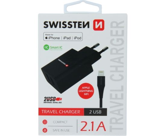 Swissten Smart IC Tīkla Lādētājs 2x USB 2.1A Ar Lightning MFI (MD818) vadu 1.2 m Melns