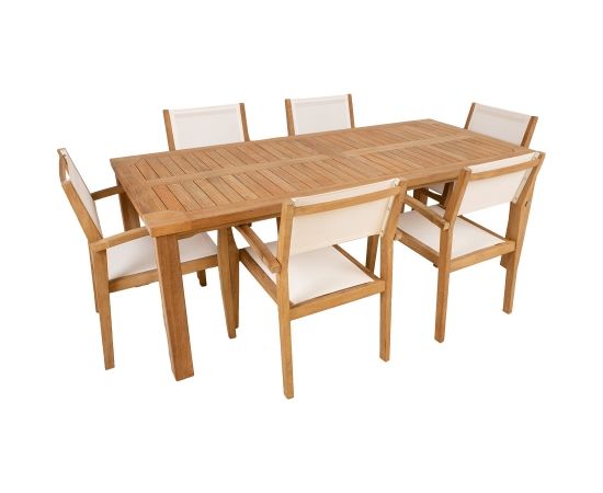 Ēdamistabas komplekts BALI galds un 6 krēsli. Galda izmēri ir 220x100xH75cm.