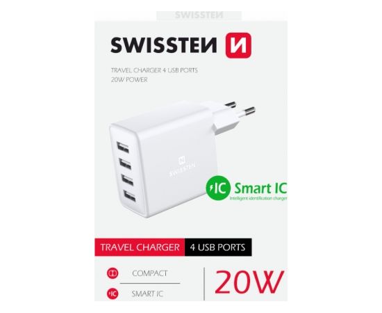 Swissten Smart IC Premium Tīkla Lādētājs USB 4 x USB 4A / 20W  Ar Automātisku Strāvas Stipruma Identifikāciju