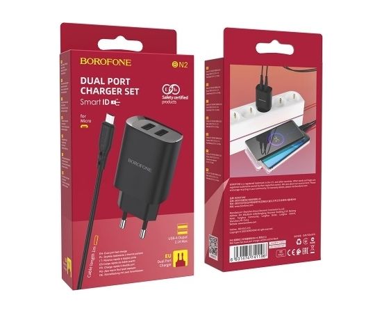 Borofone BN2 tālruņa lādētājs USB / 5V / 2.1A / 10.5W + Micro USB kabelis melns