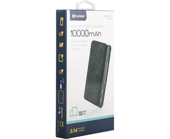 Platinet lādētājs-akumulators 10000mAh Fabric Braided LiPo 2,1A, tumši pelēks (44385)