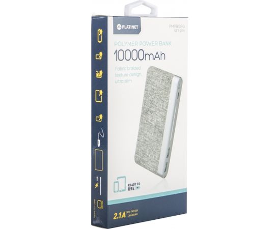 Platinet портативный аккумулятор 10000mAh Fabric Braided LiPo 2.1A, светло серый (44243)