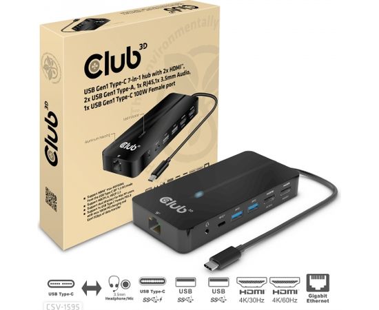 Club 3d CLUB3D Type-C 7-in-1 hub with 2x HDMI, 2x USB Gen1 Type-A, 1x RJ45, 1x 3.5mm Audio, 1x USB Gen1 Type-C 100W Female port