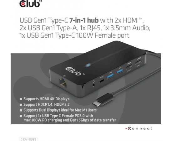 Club 3d CLUB3D Type-C 7-in-1 hub with 2x HDMI, 2x USB Gen1 Type-A, 1x RJ45, 1x 3.5mm Audio, 1x USB Gen1 Type-C 100W Female port