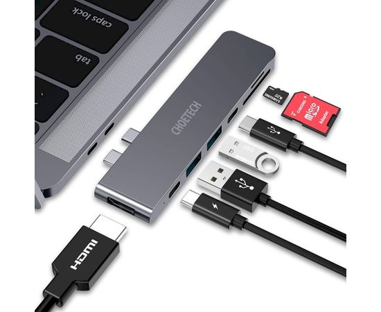 Choetech HUB-M14 for Macbook Pro 7in2 USB-C Thunderbolt 3 Silver Docking Station 100W