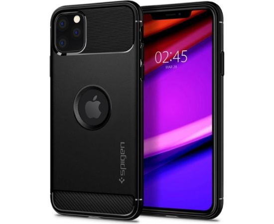 Spigen Rugged Armor matēts aizmugures maks ar karbona un glancētiem elementiem priekš Apple iPhone 11 Melns