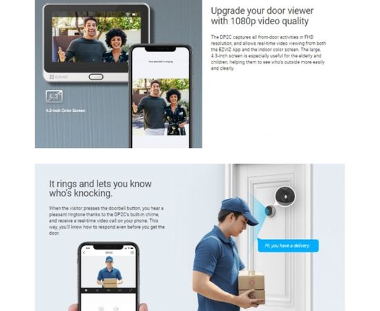 Ezviz DP2C Full HD Интеллектуальная беспроводная видеодомофонная система - дверной глазок с 4,3-дюймовым экраном Wi-Fi Micro SD Серый
