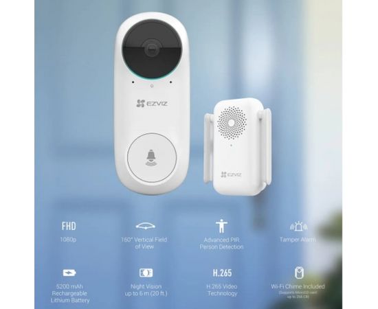 Ezviz DB2C  Full HD 1080p Bezvadu Video Durvju zvanauzlādējama akumulātora sistēma ar saziņas konsoli Balta