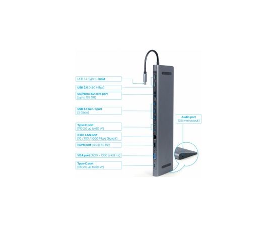 Gembird USB Type-C 9-in-1 Multi-Port Adapter + Card Reader